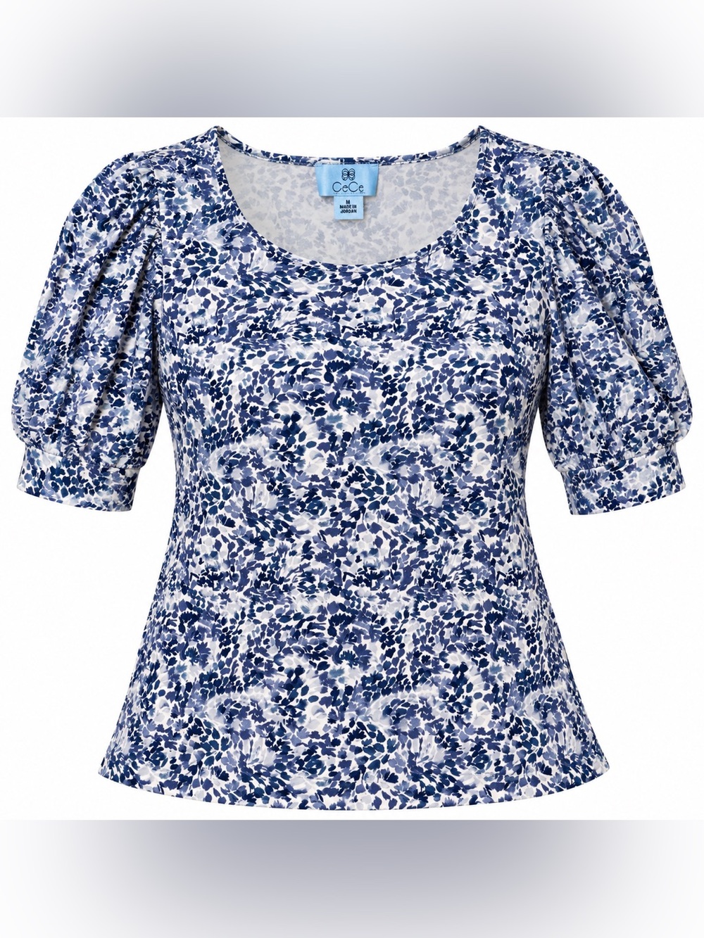 CeCe Navy and White Floral Scoop-Neck Puff Sleeve Top
